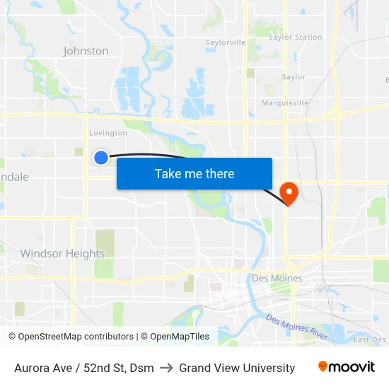 Aurora Ave / 52nd St, Dsm to Grand View University map