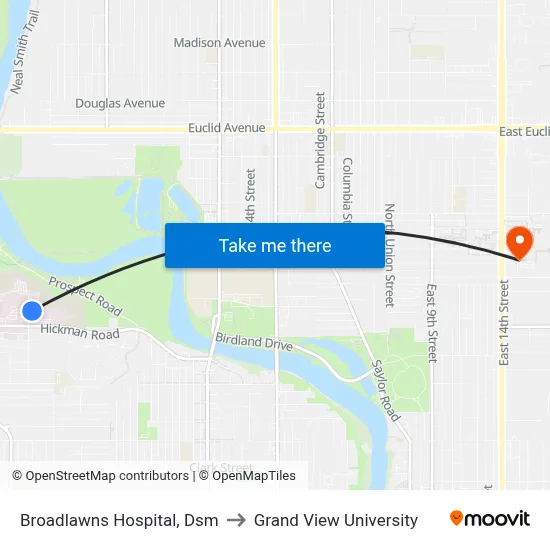 Broadlawns Hospital, Dsm to Grand View University map