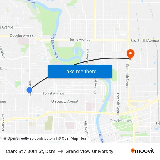 Clark St / 30th St, Dsm to Grand View University map