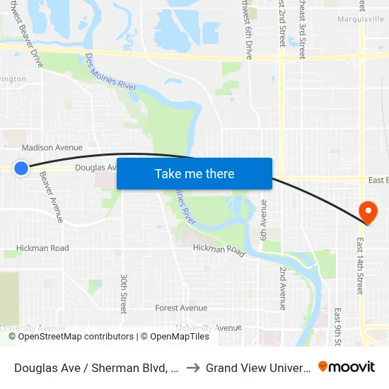 Douglas Ave / Sherman Blvd, Dsm to Grand View University map