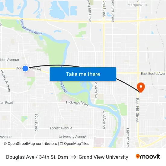 Douglas Ave / 34th St, Dsm to Grand View University map