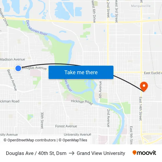 Douglas Ave / 40th St, Dsm to Grand View University map