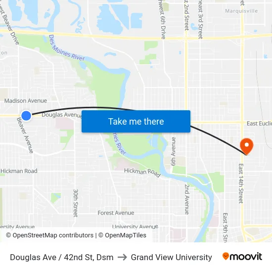 Douglas Ave / 42nd St, Dsm to Grand View University map