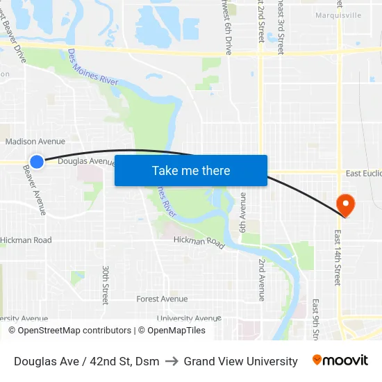 Douglas Ave / 42nd St, Dsm to Grand View University map