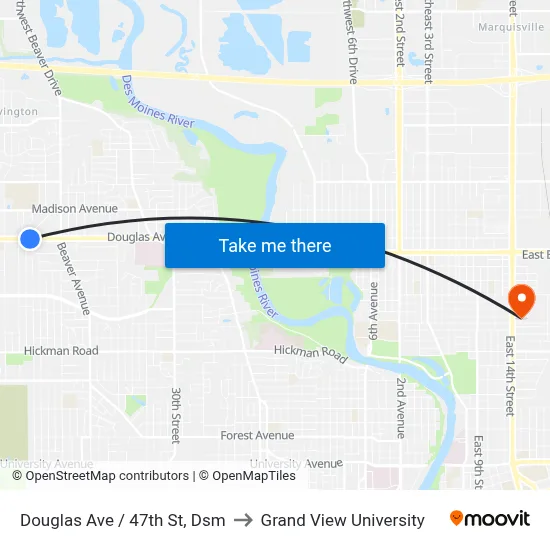 Douglas Ave / 47th St, Dsm to Grand View University map