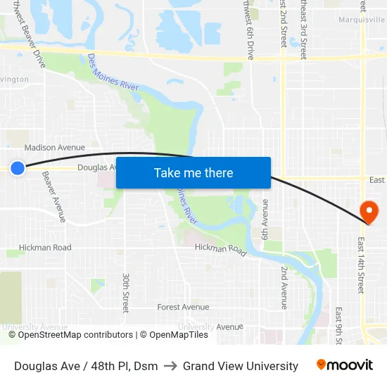 Douglas Ave / 48th Pl, Dsm to Grand View University map