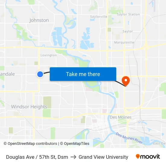 Douglas Ave / 57th St, Dsm to Grand View University map