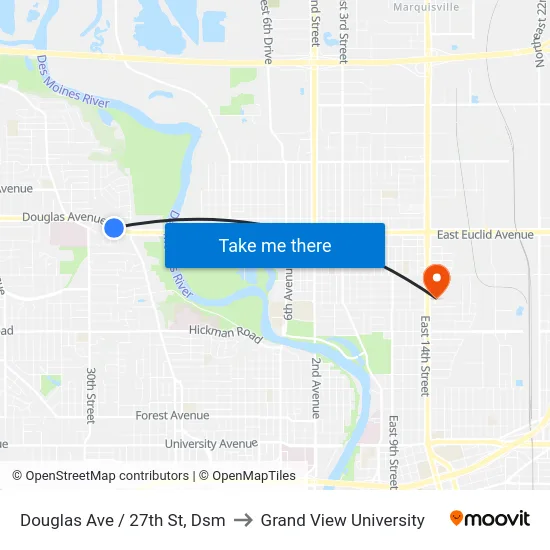 Douglas Ave / 27th St, Dsm to Grand View University map