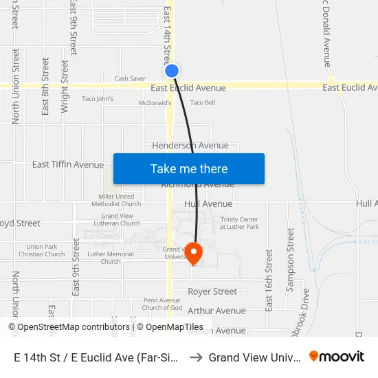 E 14th St / E Euclid Ave (Far-Side), Dsm to Grand View University map