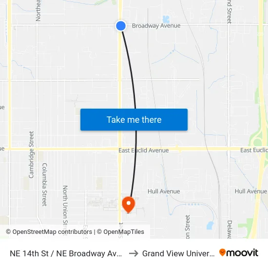 NE 14th St / NE Broadway Ave, Plk to Grand View University map