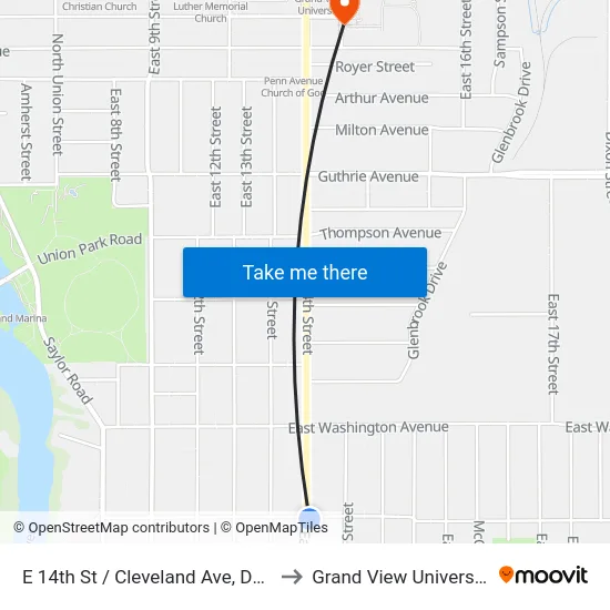 E 14th St / Cleveland Ave, Dsm to Grand View University map