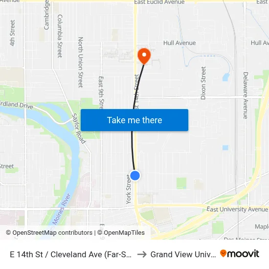 E 14th St / Cleveland Ave (Far-Side), Dsm to Grand View University map