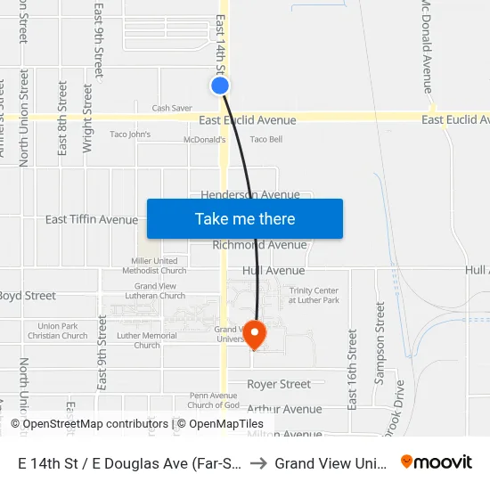 E 14th St / E Douglas Ave (Far-Side), Dsm to Grand View University map