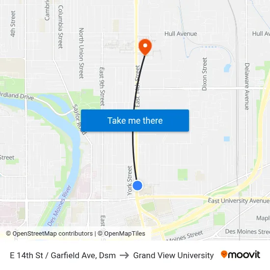 E 14th St / Garfield Ave, Dsm to Grand View University map
