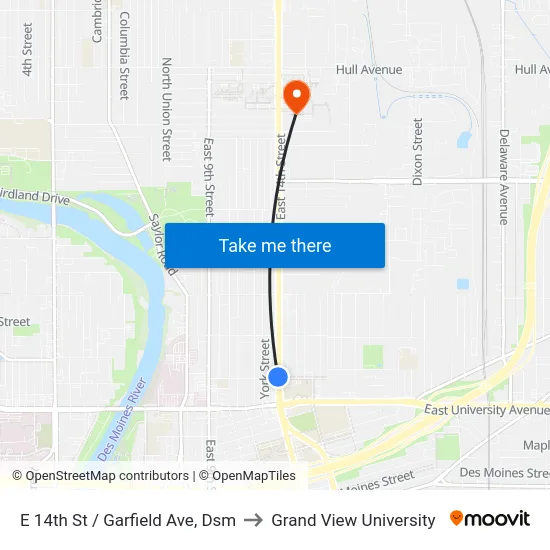 E 14th St / Garfield Ave, Dsm to Grand View University map