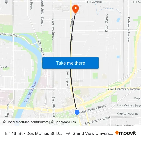 E 14th St / Des Moines St, Dsm to Grand View University map