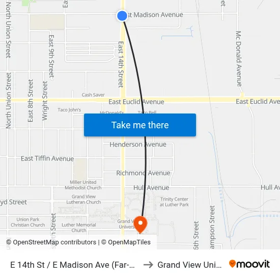 E 14th St / E Madison Ave (Far-Side), Dsm to Grand View University map