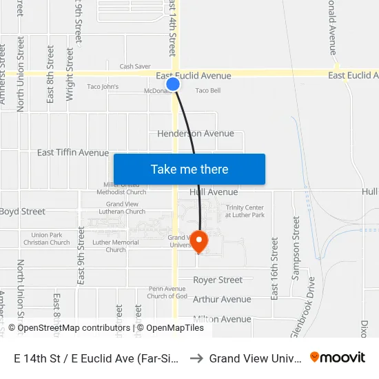 E 14th St / E Euclid Ave (Far-Side), Dsm to Grand View University map
