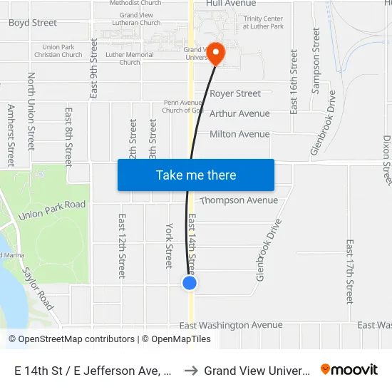 E 14th St / E Jefferson Ave, Dsm to Grand View University map