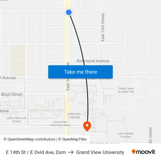 E 14th St / E Ovid Ave, Dsm to Grand View University map