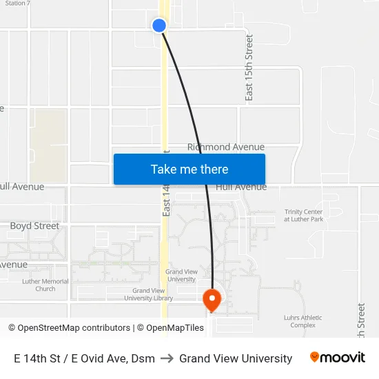 E 14th St / E Ovid Ave, Dsm to Grand View University map