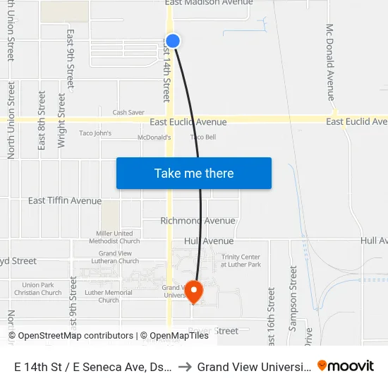 E 14th St / E Seneca Ave, Dsm to Grand View University map