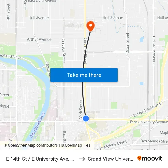 E 14th St / E University Ave, Dsm to Grand View University map