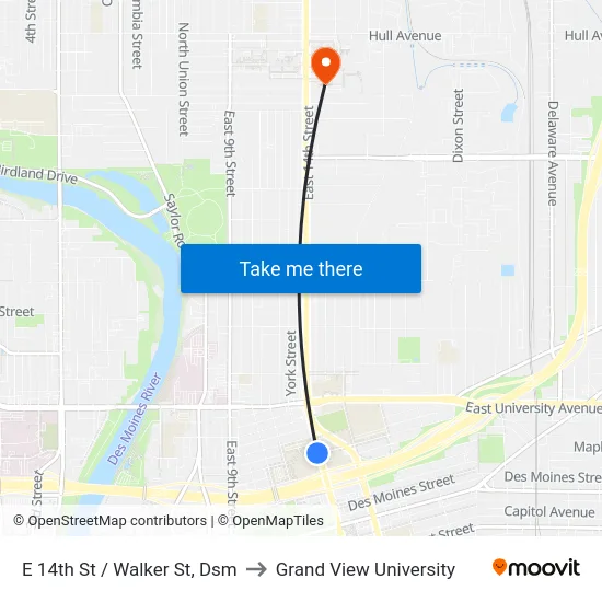 E 14th St / Walker St, Dsm to Grand View University map