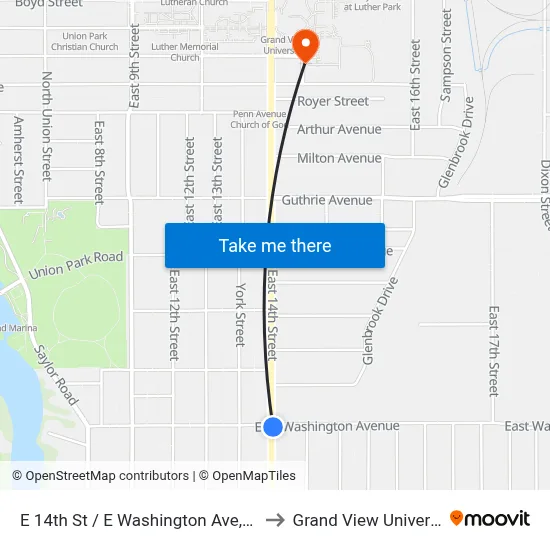 E 14th St / E Washington Ave, Dsm to Grand View University map
