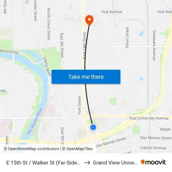 E 15th St / Walker St (Far-Side), Dsm to Grand View University map