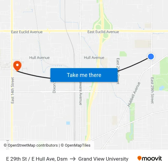 E 29th St / E Hull Ave, Dsm to Grand View University map