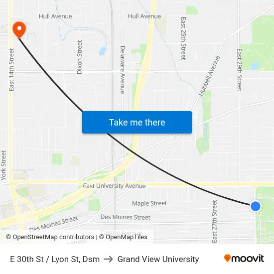 E 30th St / Lyon St, Dsm to Grand View University map