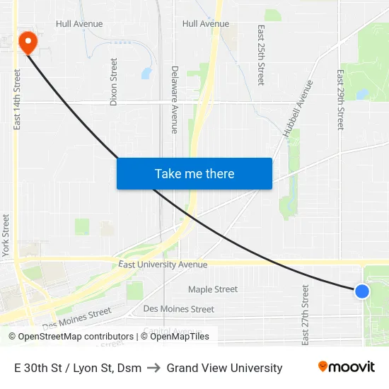 E 30th St / Lyon St, Dsm to Grand View University map