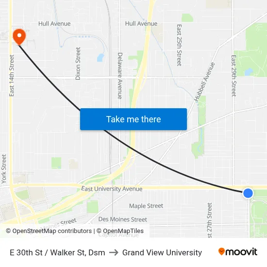 E 30th St / Walker St, Dsm to Grand View University map
