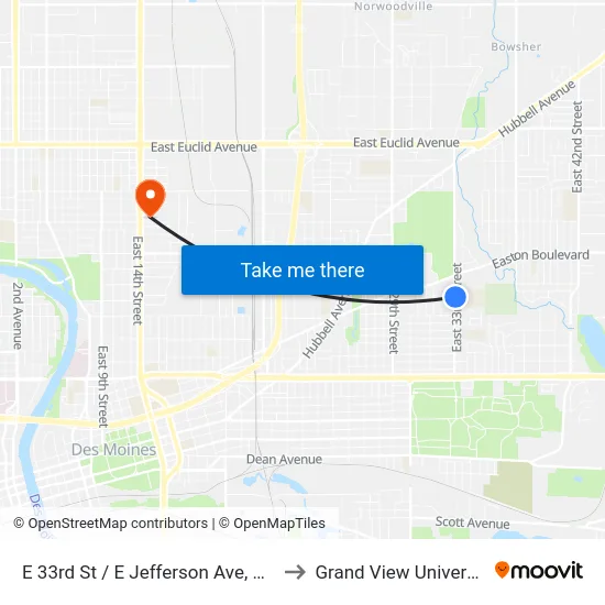 E 33rd St / E Jefferson Ave, Dsm to Grand View University map