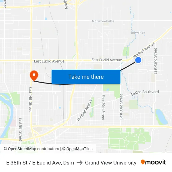 E 38th St / E Euclid Ave, Dsm to Grand View University map