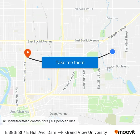 E 38th St / E Hull Ave, Dsm to Grand View University map