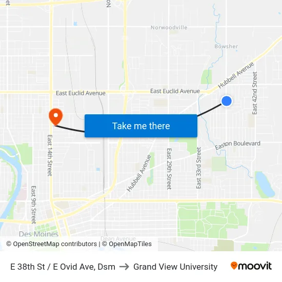 E 38th St / E Ovid Ave, Dsm to Grand View University map