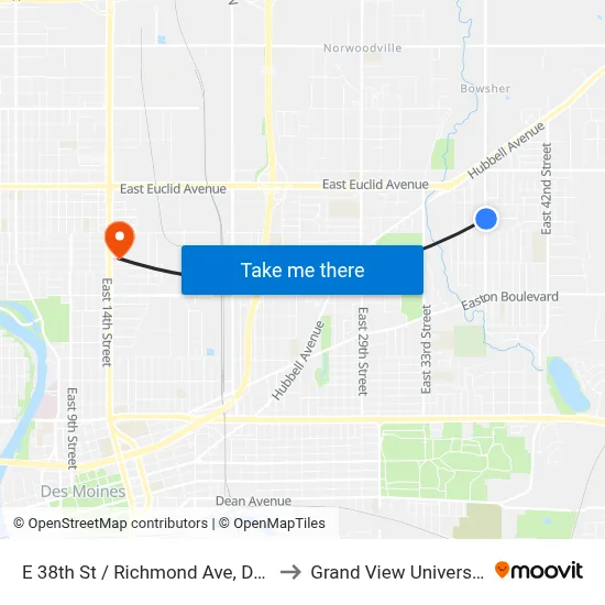 E 38th St / Richmond Ave, Dsm to Grand View University map