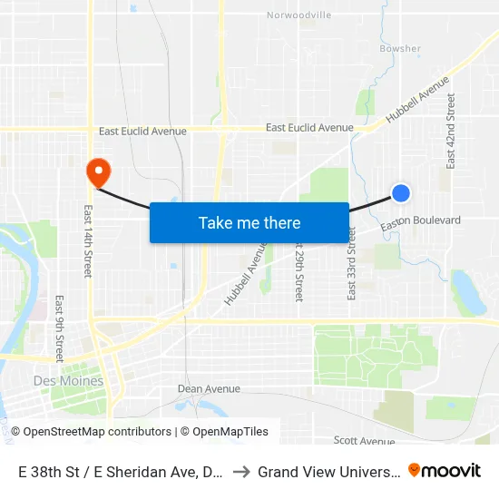 E 38th St / E Sheridan Ave, Dsm to Grand View University map