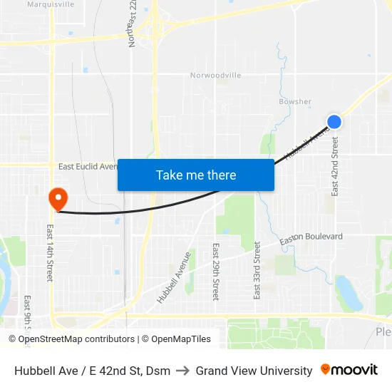 Hubbell Ave / E 42nd St, Dsm to Grand View University map