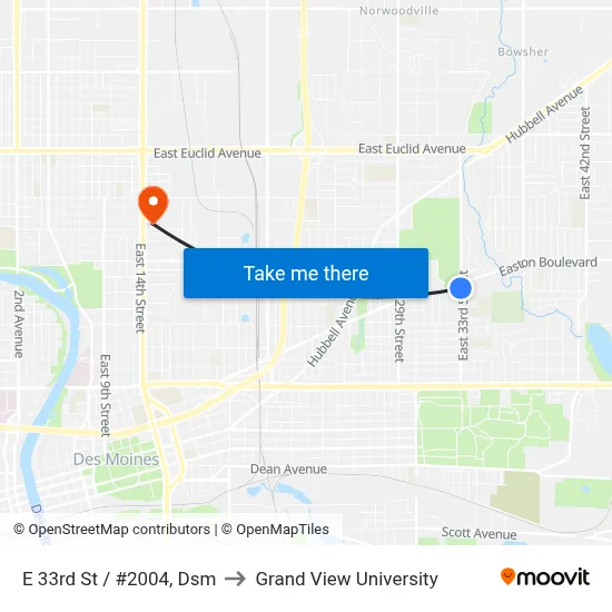 E 33rd St / #2004, Dsm to Grand View University map