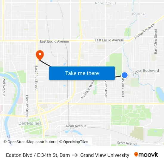 Easton Blvd / E 34th St, Dsm to Grand View University map