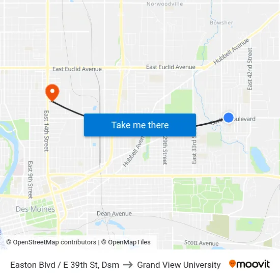 Easton Blvd / E 39th St, Dsm to Grand View University map