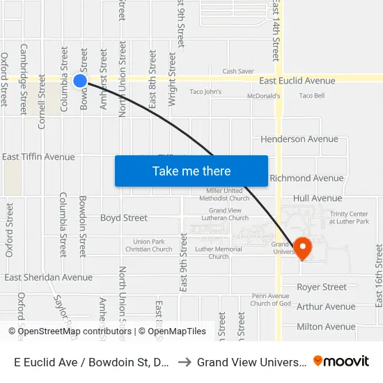 E Euclid Ave / Bowdoin St, Dsm to Grand View University map