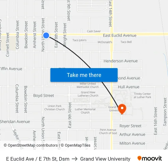 E Euclid Ave / E 7th St, Dsm to Grand View University map