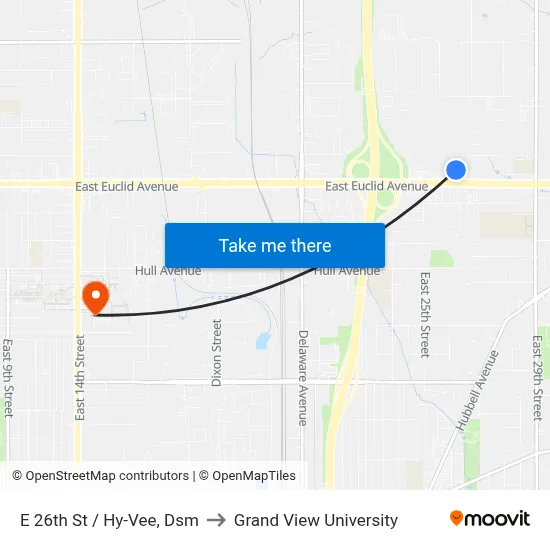 E 26th St / Hy-Vee, Dsm to Grand View University map