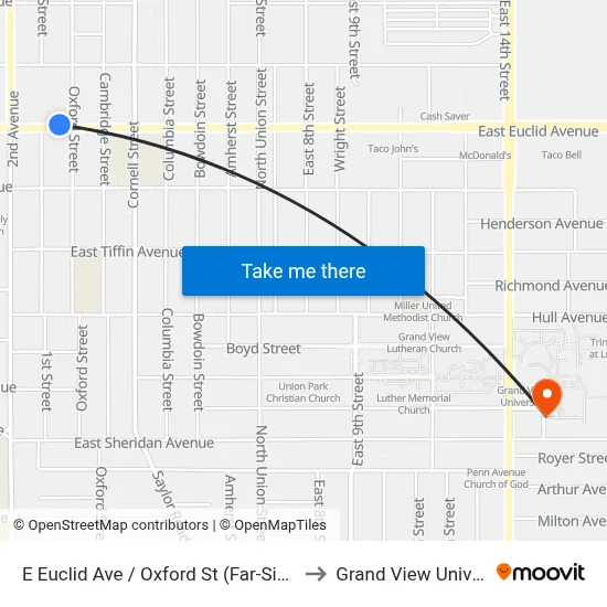 E Euclid Ave / Oxford St (Far-Side), Dsm to Grand View University map