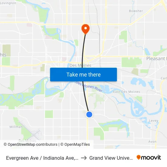 Evergreen Ave / Indianola Ave, Dsm to Grand View University map