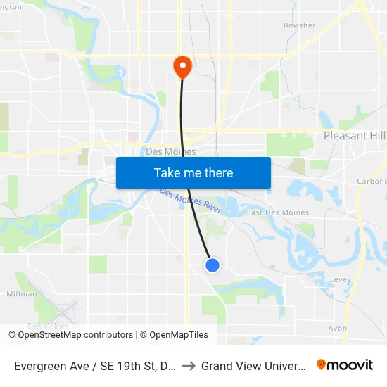 Evergreen Ave / SE 19th St, Dsm to Grand View University map